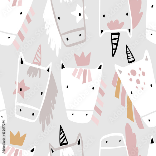Vector hand-drawn seamless repeating childish simple pattern with cute unicorns in Scandinavian style on a gray background. Children's texture with unicorns. Horse. Funny animals sketch.