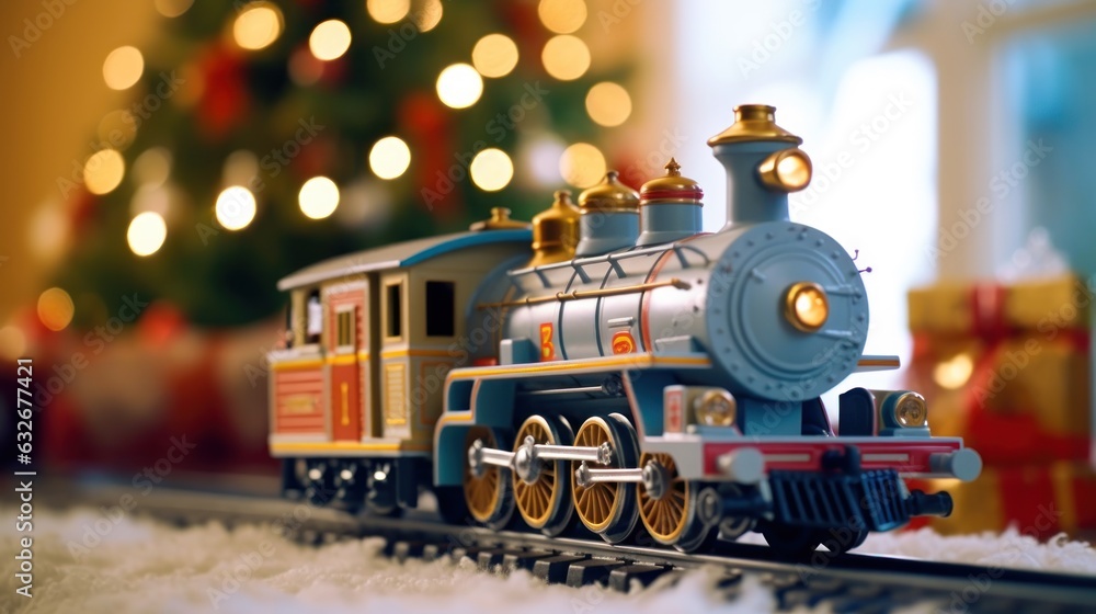 Toy Locomotive Under the Christmas Tree. Toy Train Under the Christmas. New Year's toy locomotive. Christmas Presents. Happy New Year. Merry Christmas. Christmas Tree.
