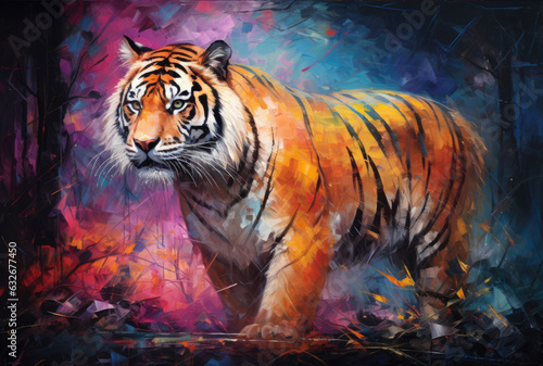 AI-generated tiger with colorful rainbow patterns on its fur. © ABCreative