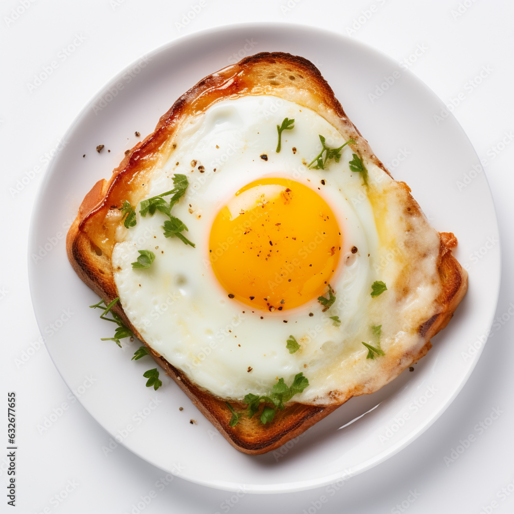 Fried egg bread on a white background.
