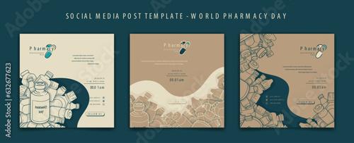 Set of social media post template with brown of drug bottles design for pharmacy day campaign