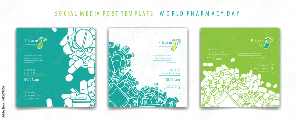 Set of social media post template with flat of drugs in cartoon for pharmacy day campaign
