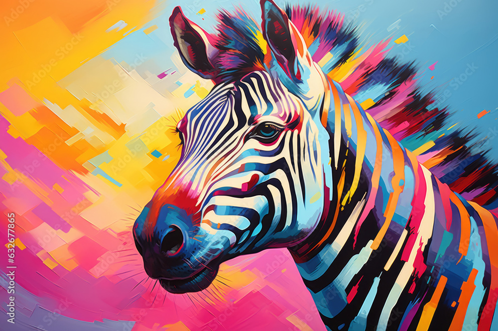 Artistic Zebra Portrait with a creative twist zebra's distinctive stripes merged with array of vivid colors.