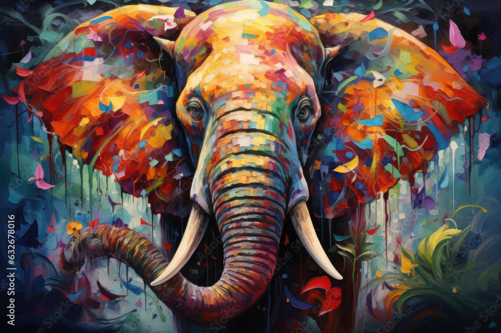 Rainbow Majesty: An AI masterpiece presents an enchanting elephant adorned in a kaleidoscope of colors. - obrazy, fototapety, plakaty 