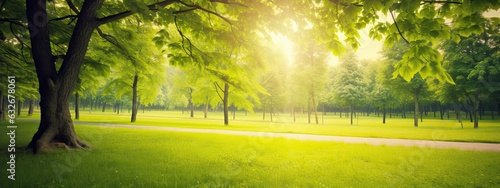 Fotografia Beautiful warm summer widescreen natural landscape of park with a glade of fresh