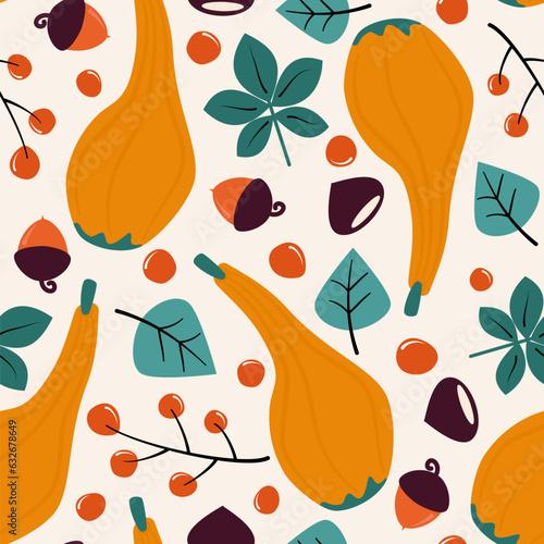 cute autumn fall hand drawn seamless vector pattern background illustration with butternut squash, acorn, chestnut, leaves and berries