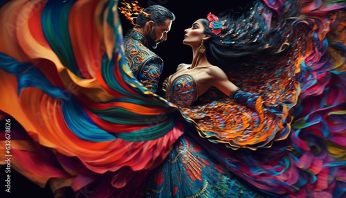 dance in the Spanish gypsy style, pattern with many colors, a couple in carnival clothes