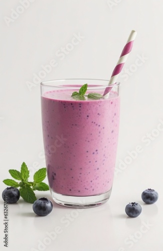 Blueberry smoothie or milkshake in a glass with straw, fresh berries and mint. Summer refreshing drink