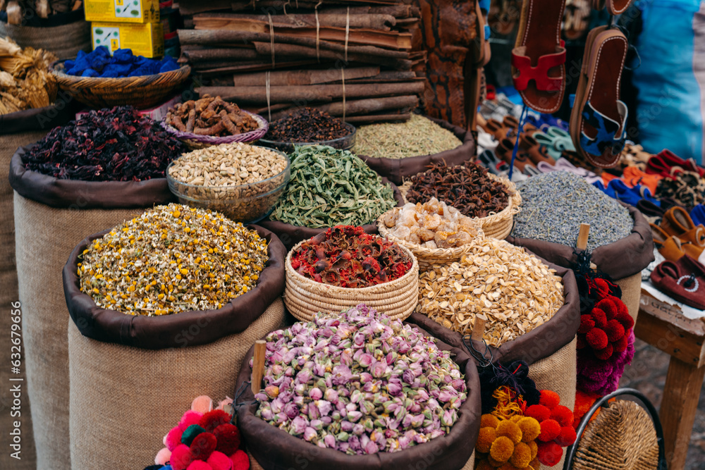 Traditional medina shops bazaar markets in Morocco . High quality photo