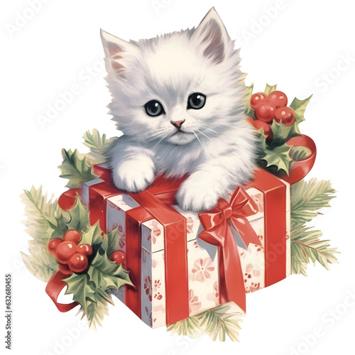 Watercolor cute funny kitten Christmas winter. isolated on white background. Hand drawn illustration sketch. Retro style