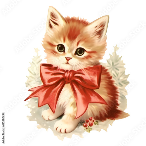 Watercolor cute funny kitten Christmas winter. isolated on white background. Hand drawn illustration sketch. Retro style