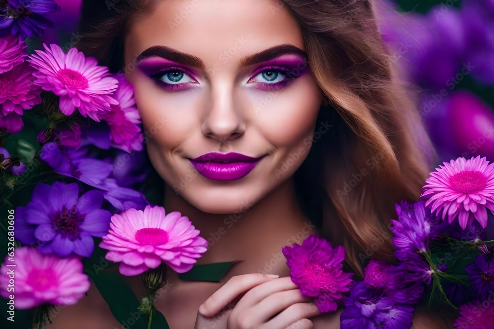 Portrait of beautiful model with purple pink flowers generated by AI tool