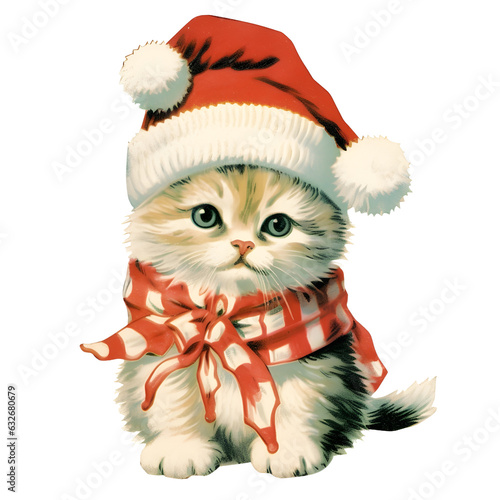 Watercolor cute funny kitten Christmas winter. isolated on white background. Hand drawn illustration sketch. Retro style