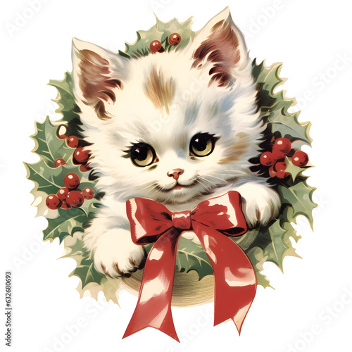 Watercolor cute funny kitten Christmas winter. isolated on white background. Hand drawn illustration sketch. Retro style