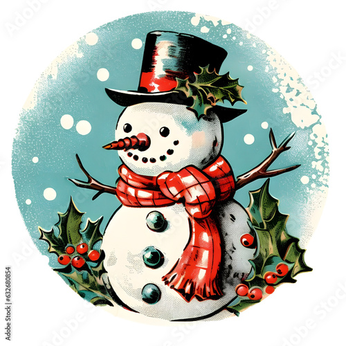 merry snowman symbol winter, children's illustration, new year, retro style, vintage snowman