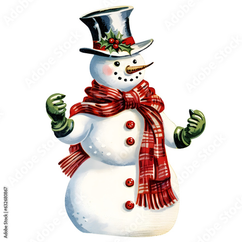 watercolor illustration, merry snowman symbol winter, children's illustration, new year, retro style, vintage snowman
