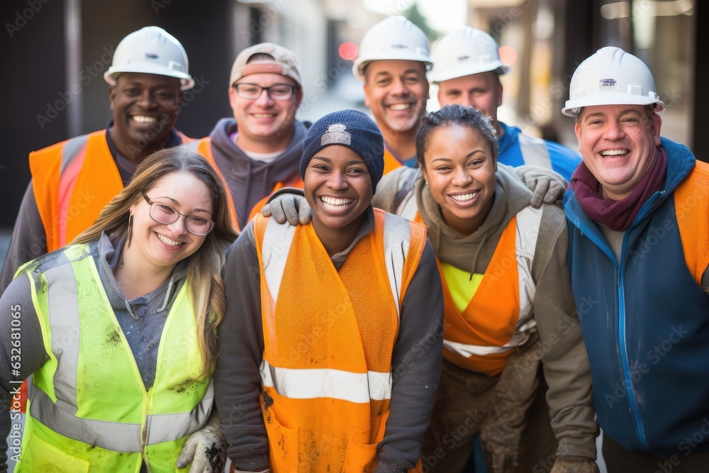 Diverse and mixed group of sanitation workers taking a portrait photo taken together while working in New York Diverse and mixed group of sanitation workers taking a portrait photo taken together while working in New York