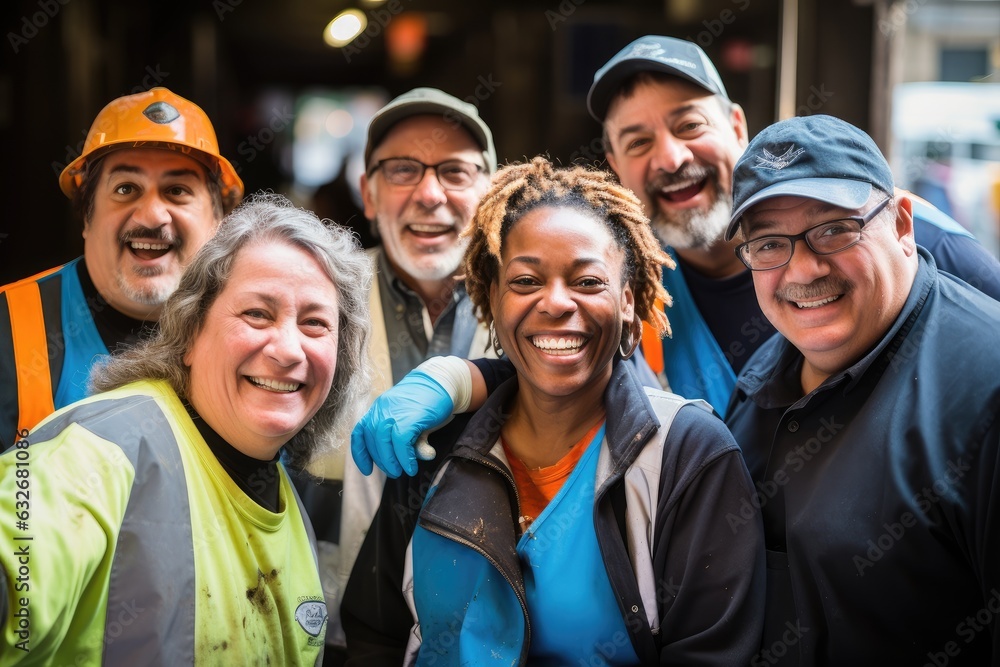 Diverse and mixed group of sanitation workers taking a portrait photo taken together while working in New York Diverse and mixed group of sanitation workers taking a portrait photo taken together while working in New York