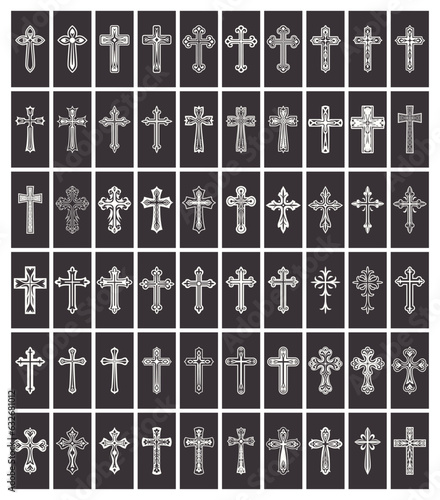 Flat Vector Black and White Christian Cross Icons. Line Silhouette Cut Out Black Christian Crosses Collection Isolated.