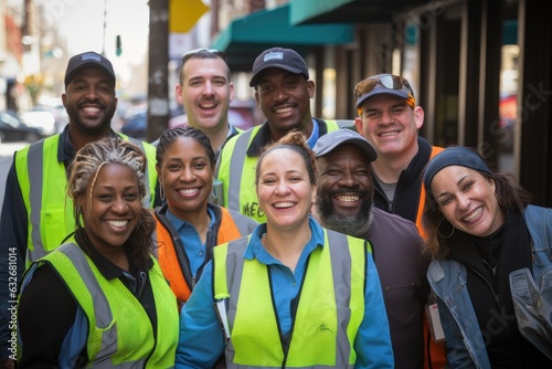 Diverse and mixed group of sanitation workers taking a portrait photo taken together while working in New York