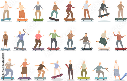 Elderly people on skateboard icons set cartoon vector. Park senior. Nature sport