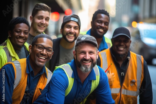 Diverse and mixed group of sanitation workers taking a portrait photo taken together while working in New York