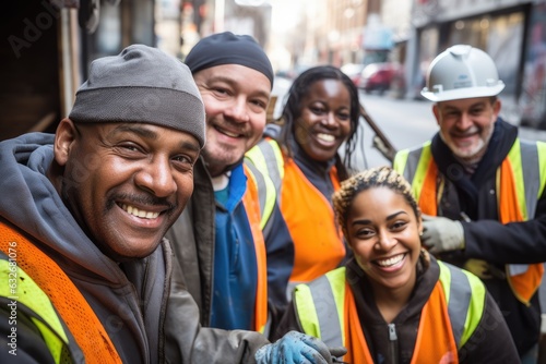 Diverse and mixed group of sanitation workers taking a portrait photo taken together while working in New York © NikoG
