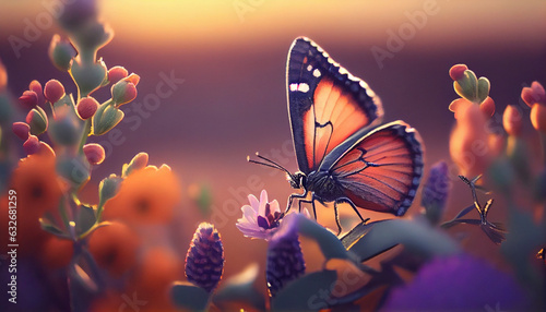 Beautiful natural pastel background. Butterfly and flower against on a background of sunrise, Ai generated image