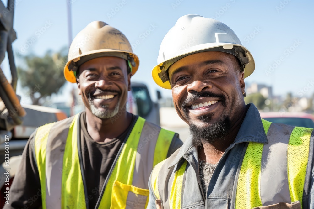 Group of african american consturction workers working on a construction site in Los Angeles Group of african american consturction workers working on a construction site in Los Angeles