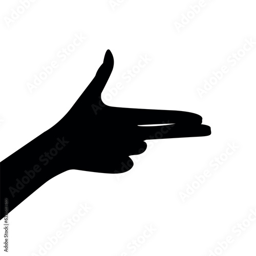 Vector flat illustration of hand's silhouette with finger gun pointing to the side. Vector design element for infographic, web, internet, presentation.