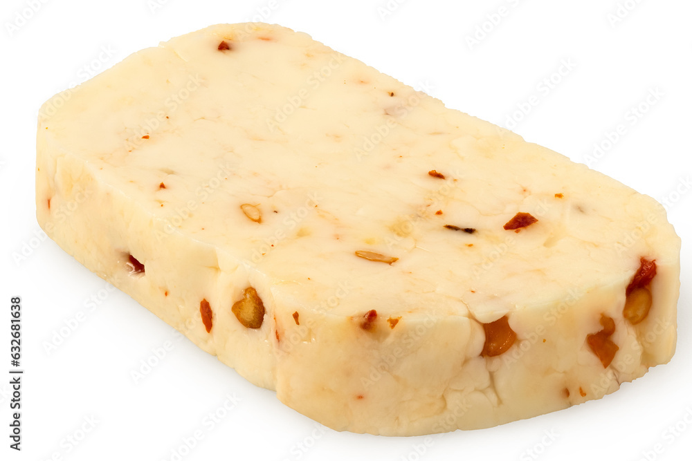 Slice of halloumi cheese with red chilli isolated on white. Slice of halloumi cheese with red chilli isolated on white.