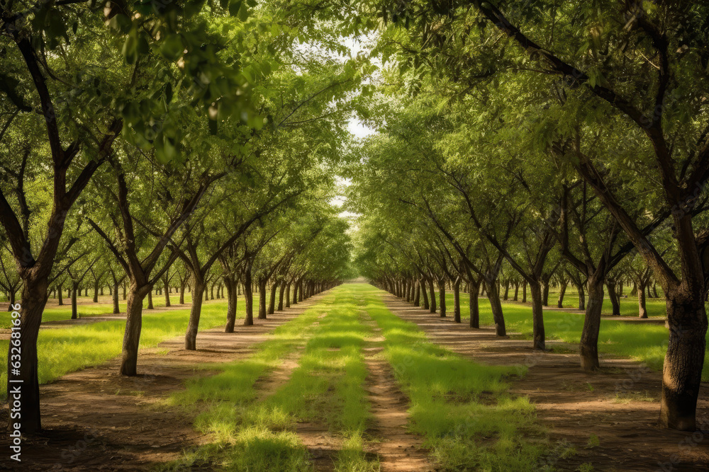 Picturesque Walnut Orchard With Rows Of Leafy Trees. Generative AI