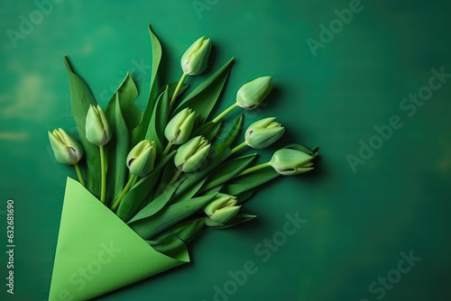 Photograph Of Top View Of Copy Space And Green Envelope And Bouquet Of Green Tulips With Copy Paste Green Background. Generative AI photo