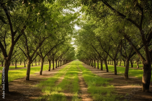 Picturesque Walnut Orchard With Rows Of Leafy Trees. Generative AI