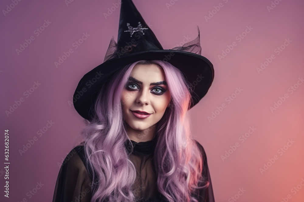 Portrait of beautiful woman with Halloween witch costume on purple background Portrait of beautiful woman with Halloween witch costume on purple background