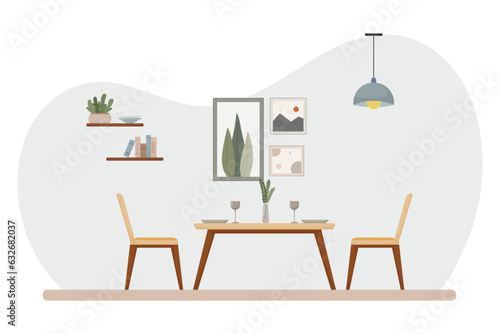 dining room interior, modern flat design, table and chairs, plates, wine glasses, vase, lamp, plant, cozy vector illustration
