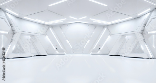 Futuristic Showcase. Large Sci-fi stage, clean white background, glowing wall, and sleek pedestal harmonize to showcase your product, merging technology and innovation.