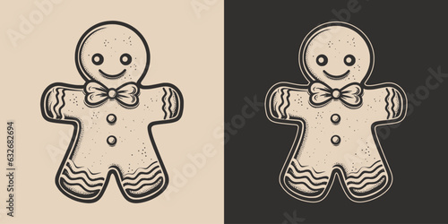 Vintage retro xmas christmas gingerbread cookie baked bread man sweet. Can be used for logo or decoration. Monochrome Graphic Art. Vector. Hand drawn element in engraving. illustration