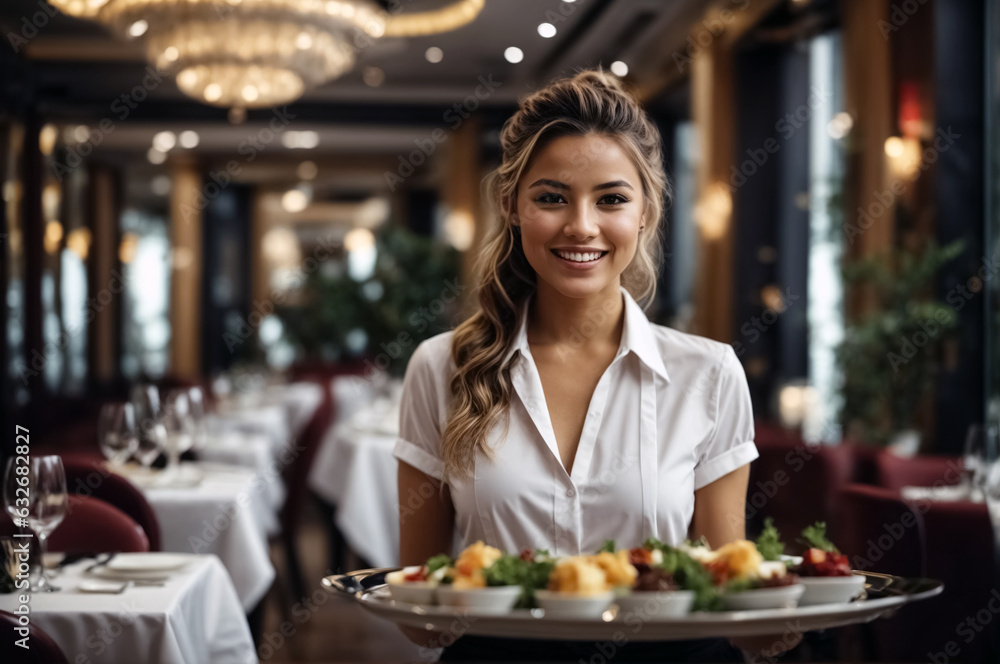 Young smiling waitress with long hair and white blouse in a restaurant. She has a tray in her hands and brings food to a table Young smiling waitress with long hair and white blouse in a restaurant. She has a tray in her hands and brings food to a table