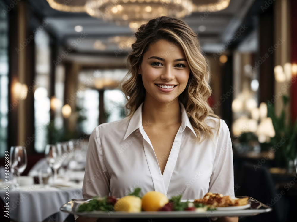 Young smiling waitress with long hair and white blouse in a restaurant. She has a tray in her hands and brings food to a table Young smiling waitress with long hair and white blouse in a restaurant. She has a tray in her hands and brings food to a table