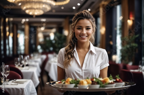 Young smiling waitress with long hair and white blouse in a restaurant.  She has a tray in her hands and brings food to a table