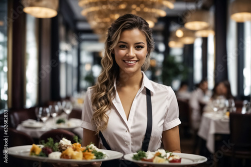 Young smiling waitress with long hair and white blouse in a restaurant. She has a tray in her hands and brings food to a table