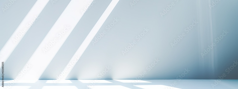 Light minimalist geometric background image in gray and light blue tones with light and shadow from window for product presentation