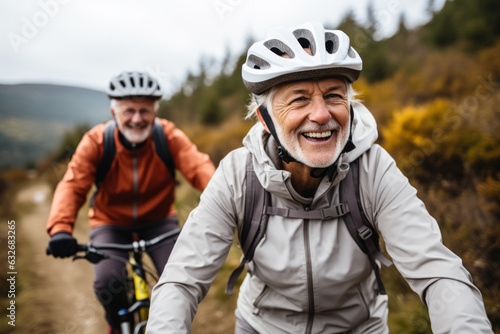Active senior couple cycling through countryside photo with empty space for text 
