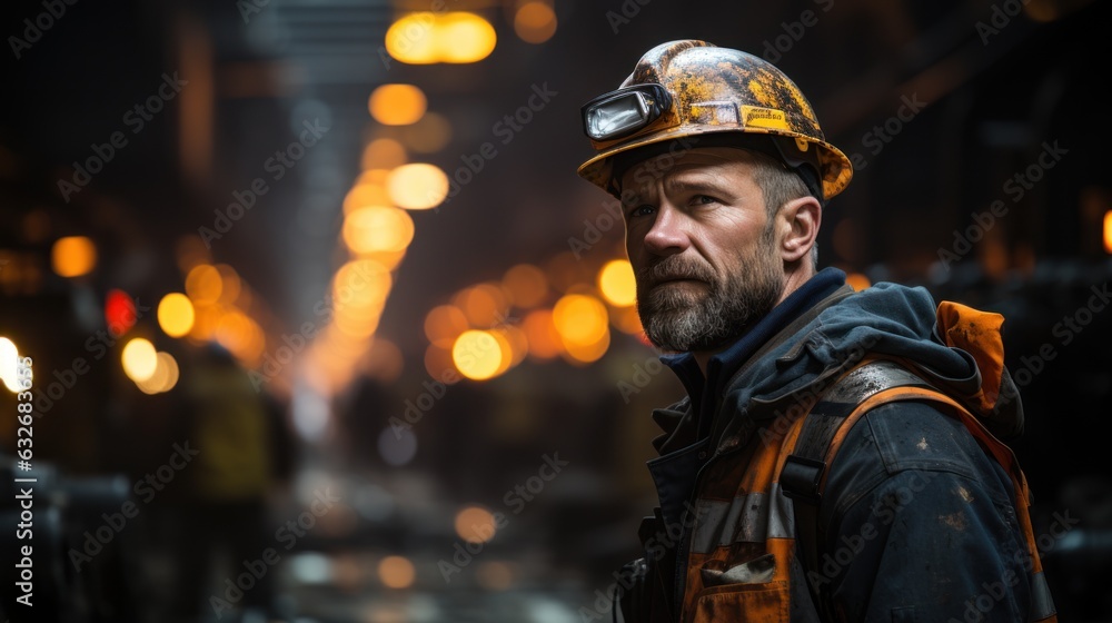 Tunnel engineer in dark railway tunnel construction site. Heavy work underground Tunnel engineer in dark railway tunnel construction site. Heavy work underground