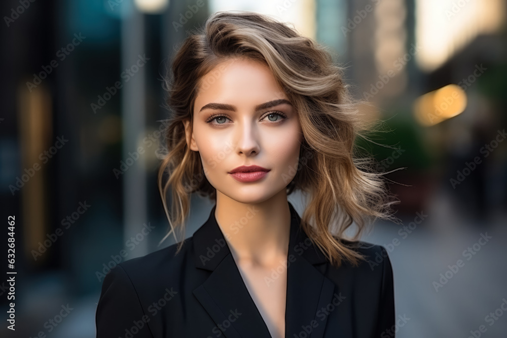 Businesswoman in a sharp suit in a cityscape photo with empty space for text Businesswoman in a sharp suit in a cityscape photo with empty space for text