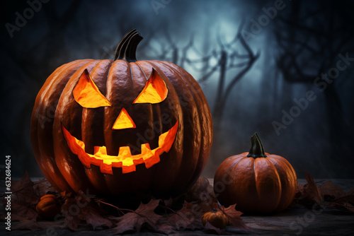 Spider weaving a web around a spooky pumpkin lantern. Halloween  pumpkin  Halloween background Generative AI