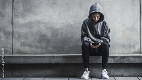 young girl sitting alone on bench with mobile. social network and smartphone addiction and dependency