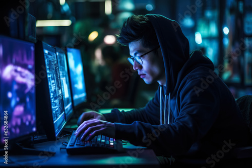 Chinese hacker working late in a neon-lit room photo with empty space for text 