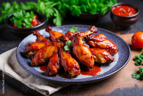 baked chicken wings in the asian style and tomatoes sauce on plate